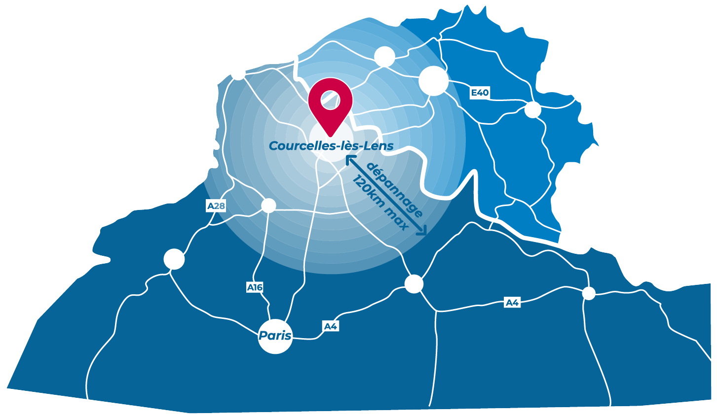 Carte des livraison et dépannage Carte des 120 km de rayon pour la livraison et le dépannage de la location de remorque frigorifique